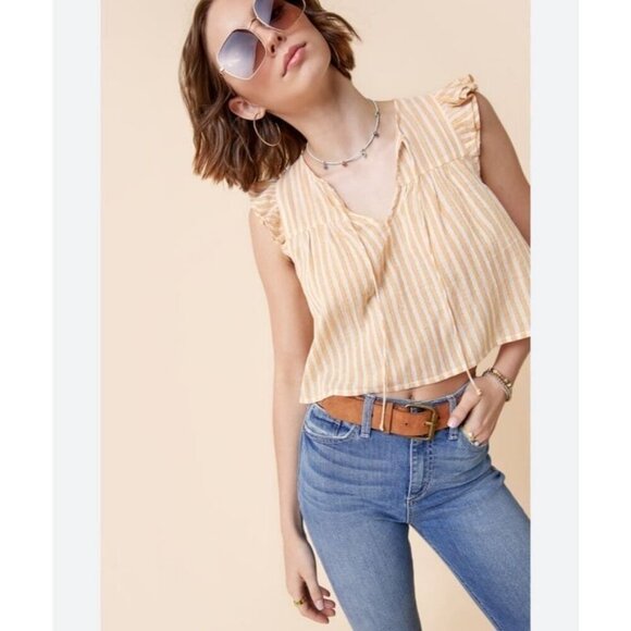 Francesca’s Mi Ami Cropped Yellow Flutter Sleeve Striped Blouse Size Medium - Picture 1 of 4